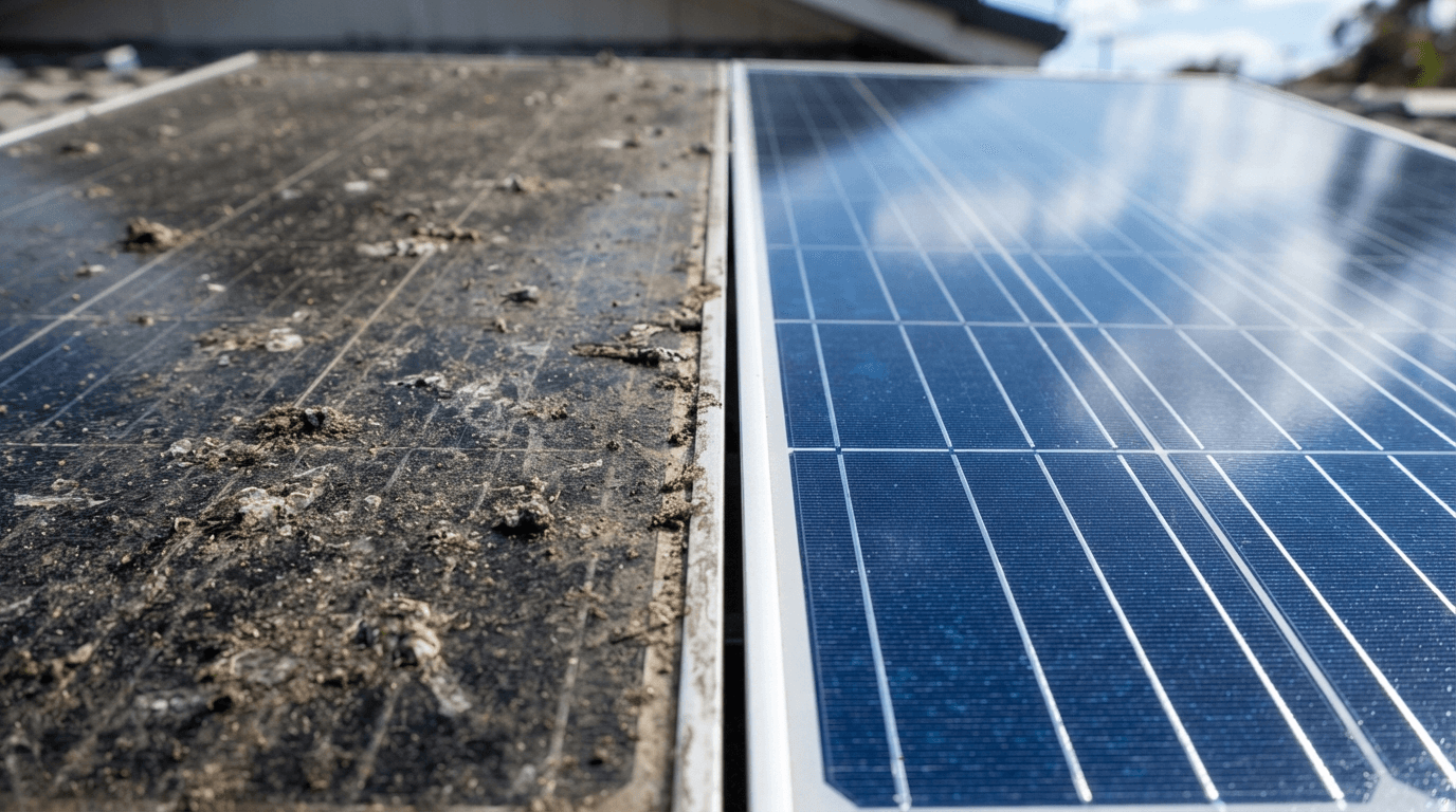 Two adjacent rooftop panels: one caked in dust and debris, the next one clean