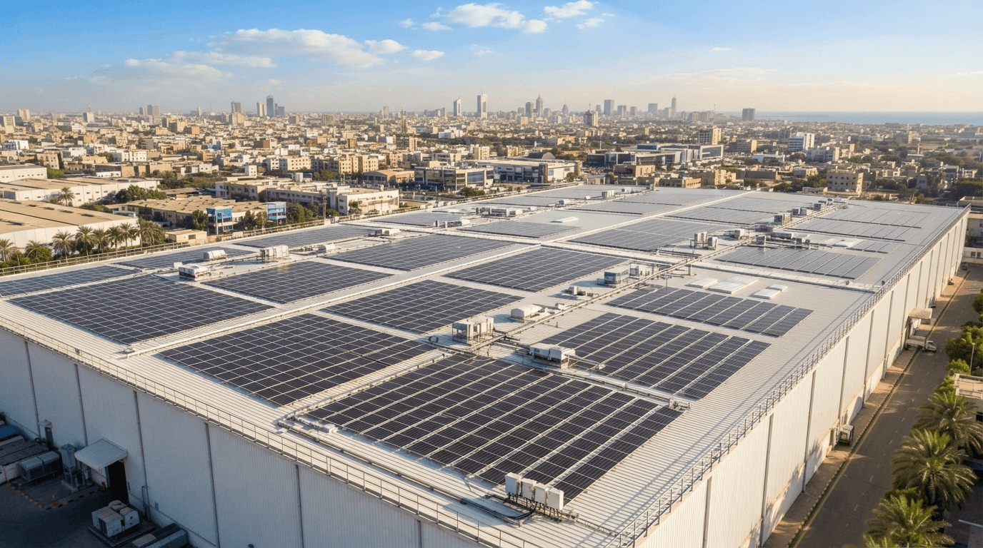 Aerial view of a large commercial rooftop solar array with the Karachi skyline behind it