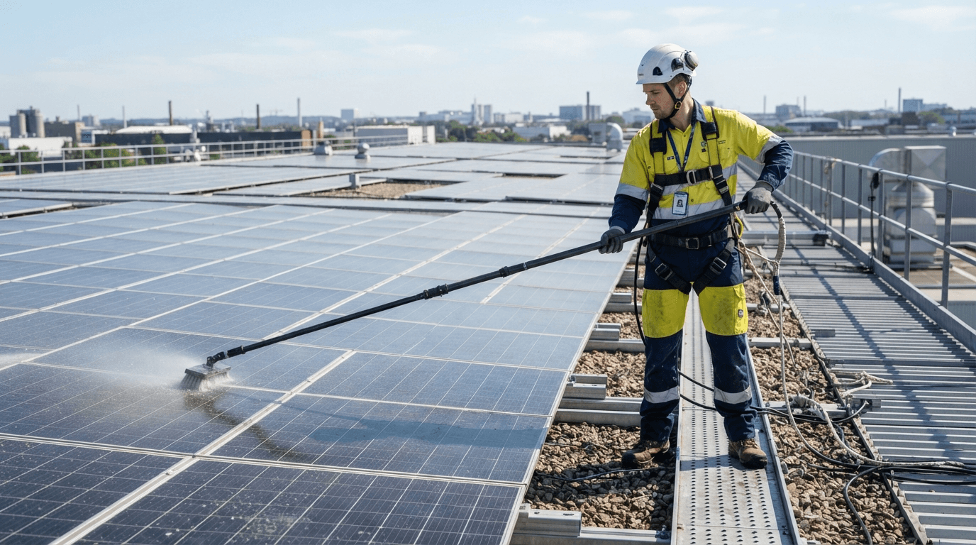 A technician in safety gear cleaning rooftop solar panels with a pole brush