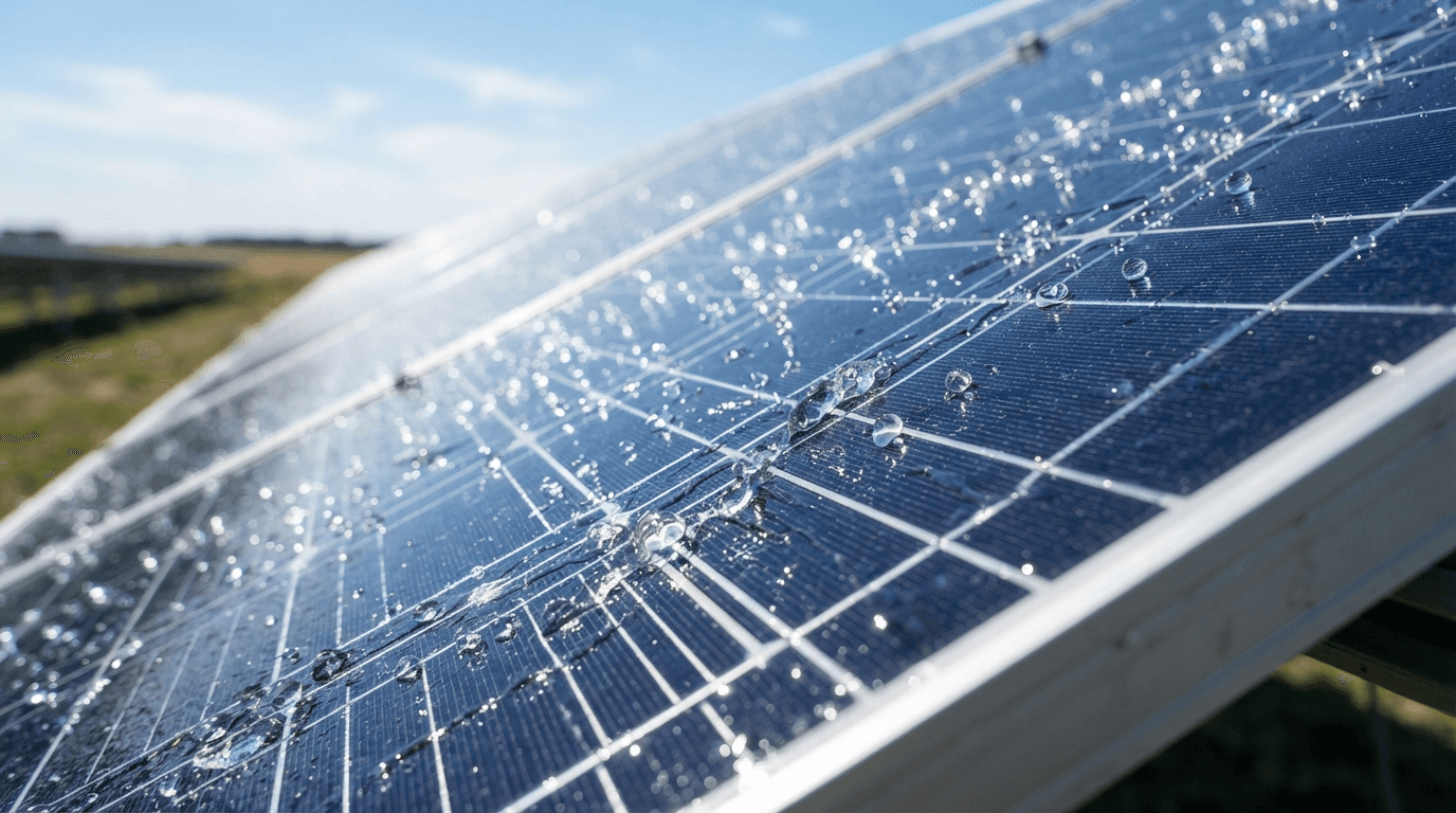 A rooftop solar panel being rinsed, water beading across the glass